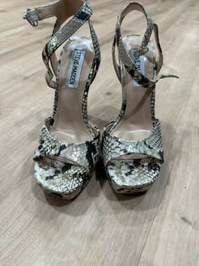 Steve Madden Snake-Print Platform Ankle-Strap Heels in Beige and Black
